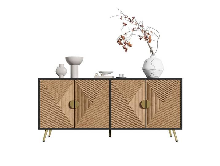 Komhtom Sideboard160/40/75Cm mit Vier Türen, Schwarz, Holz, Mode, 40x75x160 cm, Kleinmöbel, Kommoden, Sideboards