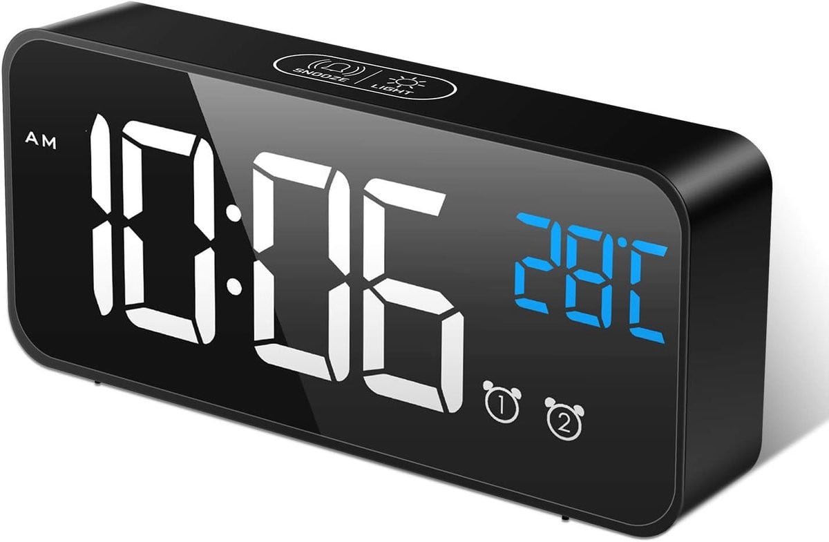 LED digitale spiegelwekker met temperatuurweergave en 13 muzieknummers - Zwart