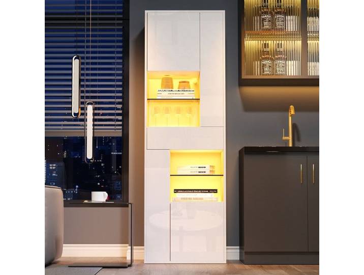 Vitrines vitrines avec éclairage LED armoire haute avec 1 tiroir+4 armoires 55x38x170cm vitrines brillant armoires de salon blanc