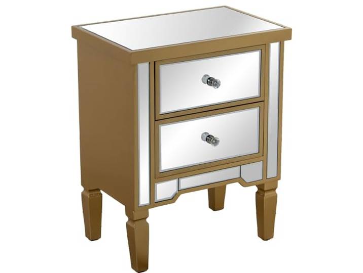 DRW Nachttisch aus Holz und Spiegel mit 2 Schubladen in Gold und Spiegel, 49 x 33 x 62 cm