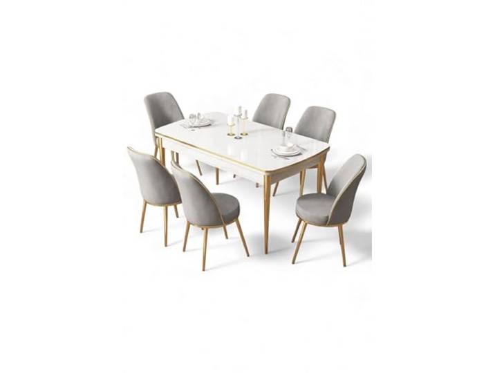 Hanah Home Extendable Dining Table & Chairs Set (7 Pieces), White & Gold/Grey, 100% MDF, Metal Legs, Modern Design, Perfect for Dining Rooms