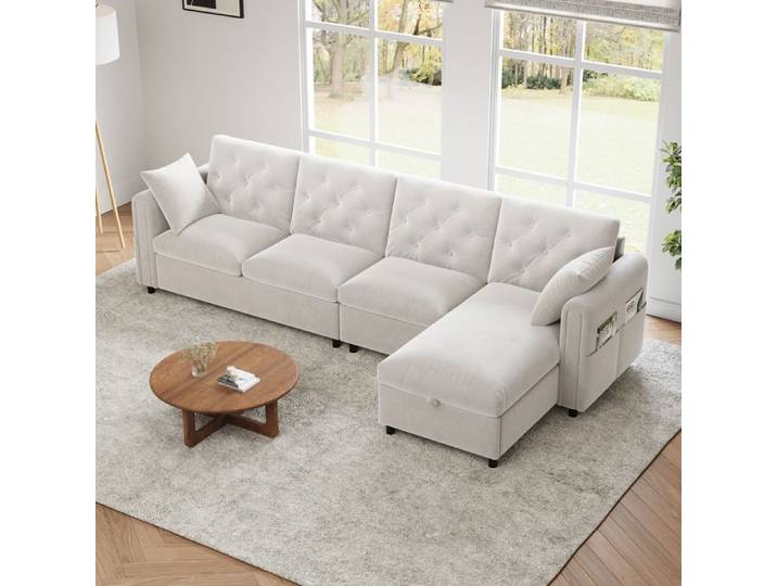 BEL Canapé Moderne Velours Beige 281x86x71cm Rangement Angle L Orientable Accoudoirs Poches Magazines Dossier Capitonné