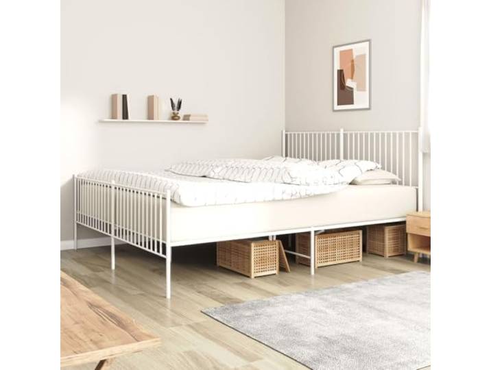 RJPLMFV Bettgestell, Metall, Weiß, 200 x 200 cm Pulverbeschichteter Stahl, inklusive Latten, Stauraum unter dem Bett, Kopfteil inklusive