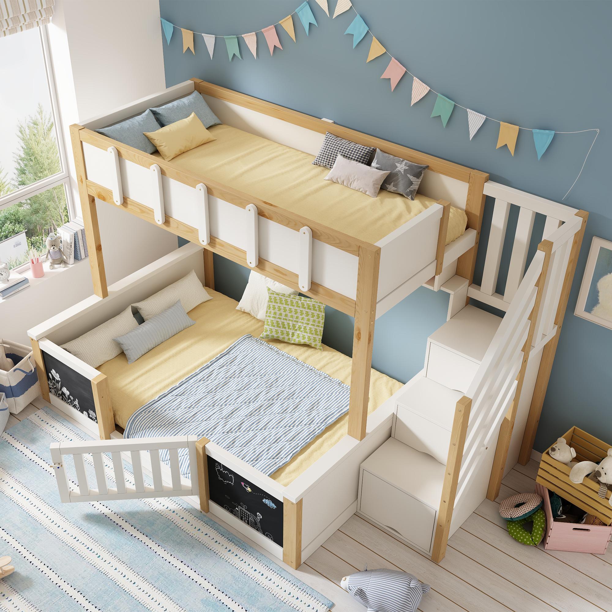 STILVORA Etagenbett 90x200 & 140x200 cm mit Stauraum-Treppe, Familienbett mit Kreidetafel und Sicherheitstür, Stockbett mit einer Matratze (90x200)