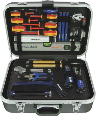Projahn Elektro-Werkzeugkoffer, 128-teilig, 1/4" + 1/2" Antrieb, 48-Zahn-Knarren, ABS-Koffer, abschließbar, klappbare Werkzeugtafel