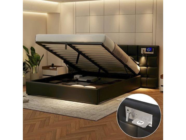 Lit coffre 180x200 - VVBV - Lit Coffre 180x200 - Tête de lit rembourrée - Port USB & charge sans fil - Rangement hydraulique