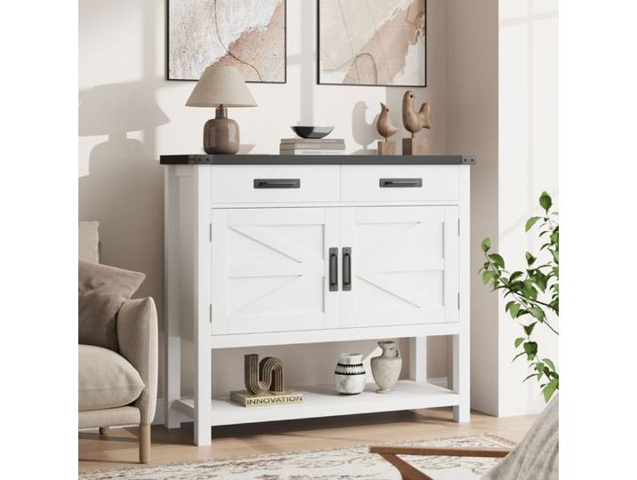 KOIOPLIE Table console entrée 90 cm style farmhouse avec 2 tiroirs et 2 portes meuble buffet rangement Blanc