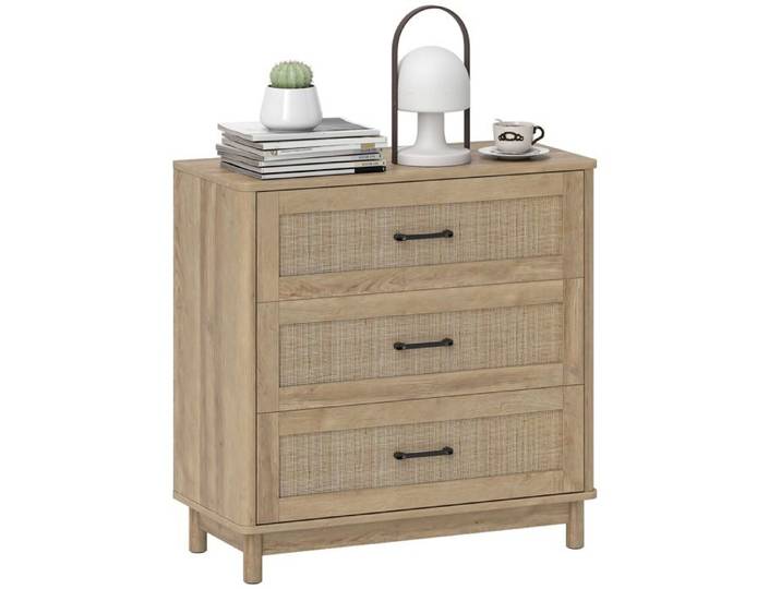 Commode - HOMCOM - 3 tiroirs en rotin - pieds en bois massif - style bohème - 76x35x76cm - chêne