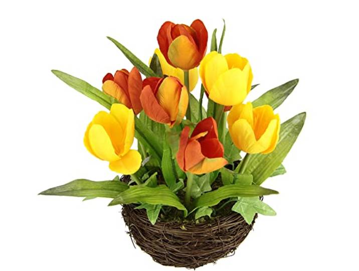 Kunstblumen Tulpen im Nest künstliche Blume Papageientulpe Blüte Frühjahrsdeko Osterdeko Osternest Mittelstück Dekoration Seidenblume wie echt Kunsttulpe Tischdeko Zimmerpflanze Floristik