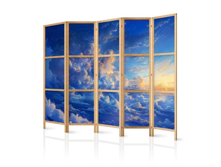 Muralo Paravent Japanischer 5-tlg 225x172 cm Blaue Wolken, Holz, Pinie, Galaxis, Rechteckig, 225x172x3 cm, Wohnzimmer, Raumteiler, Paravents