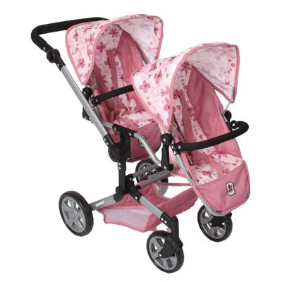 Puppen-Zwillingsbuggy CHIC2000 "Linus Duo", flowers rosa, Puppenwagen, KinderB:80cm H:79cm T:80cm, Kunststoff, Polyester, Stahl, mit zwei abnehmbaren, bis in Liegeposition verstellbaren Sportsitzen, B:80cm H:79cm T:80cm
