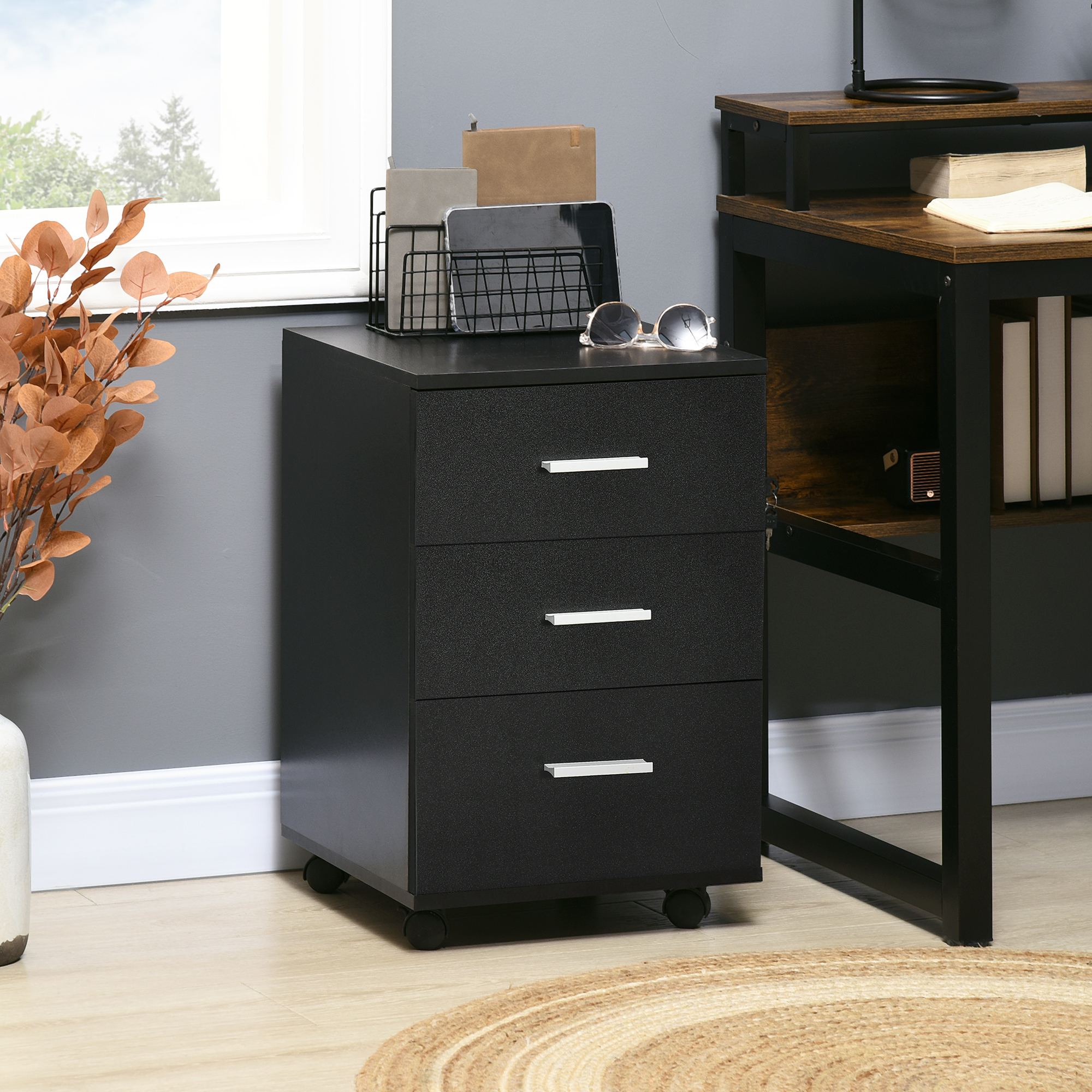 Vinsetto Mobiletto Ufficio con Cassettiera su Ruote 3 Cassetti con Serratura 40 x 40 x 61,5 cm Nero