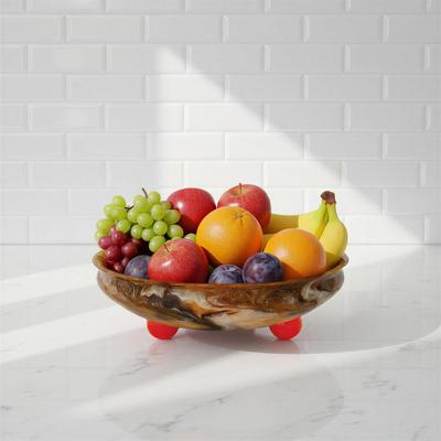 Storied Home "Marbled Resin Decorative Bowl with Red Ball Feet - 13.5""L x 13.5""W x 4.5""H"