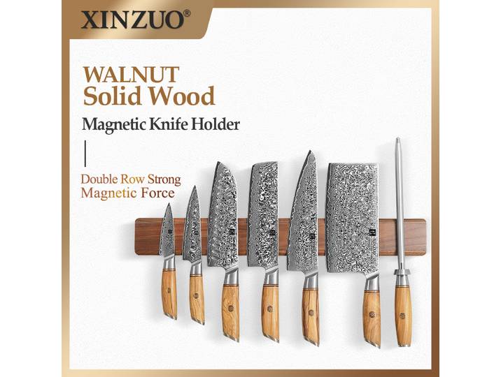 Support de rangement pour couteaux de cuisine XINZUO 50CM en bois de noyer massif, installation par clou, robuste et durable, porte-couteaux magnétique
