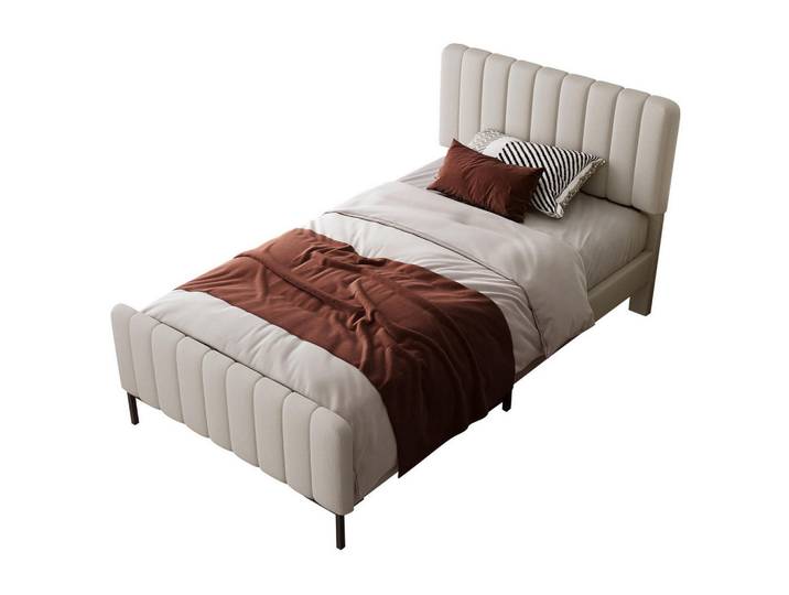 Modfu Polsterbett aus Leinen 90x200 cm in Beige mit Lattenrost, 90x200 cm, Schlafzimmer, Betten, Polsterbetten