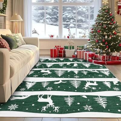 YUN Runner Rug, Washable Christmas Rug with Tree Reindeer Snowflake, Non Slip Carpet for Kitchen or Entryway