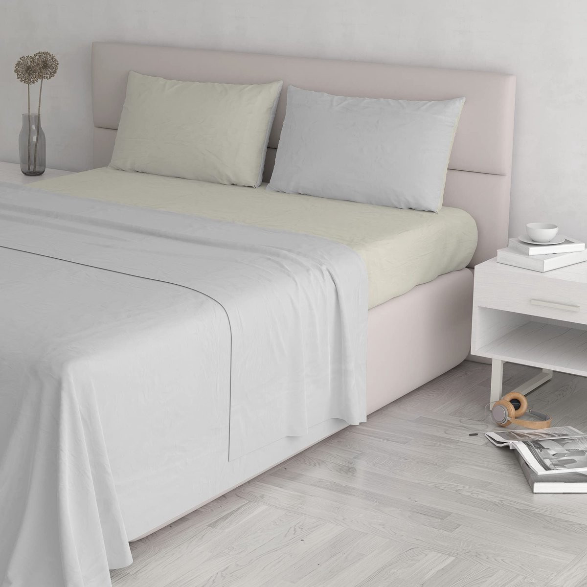 Omgoods Italiaanse Bedlinnen Set - Lichtgrijs/Cream - Dubbel Bed