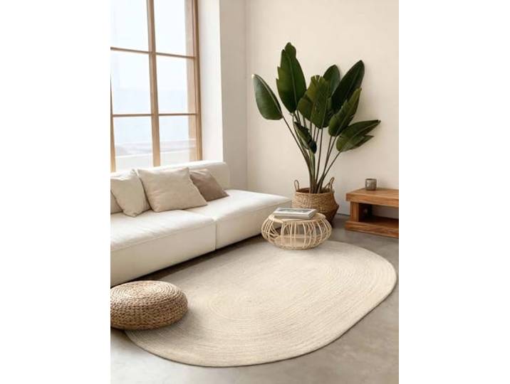 Hanse Home Rangpur Juteteppich - Natur Wohnzimmerteppich Oval aus 100% Jute, Handgewebt - Robust & Pflegeleicht - Moderner, Boho Naturfaser Teppich für Wohnzimmer, Schlafzimmer - Weiß, 160x230cm Oval