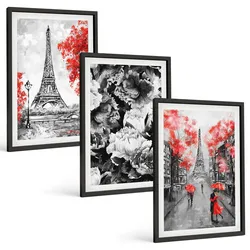 BILDER SET 3er Set - 40x60 cm Schwarzer Rahmen - graue Gemälde des Eiffelturms