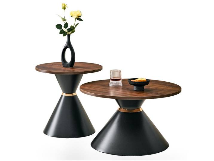 SeedWave Couchtisch 2er Set runde Sofatische mit Dekorplatten und konischem Metallsockel (2-teilig, 2 Tische), Wohnzimmertische mit Goldring, Schutzpads und Stellschrauben