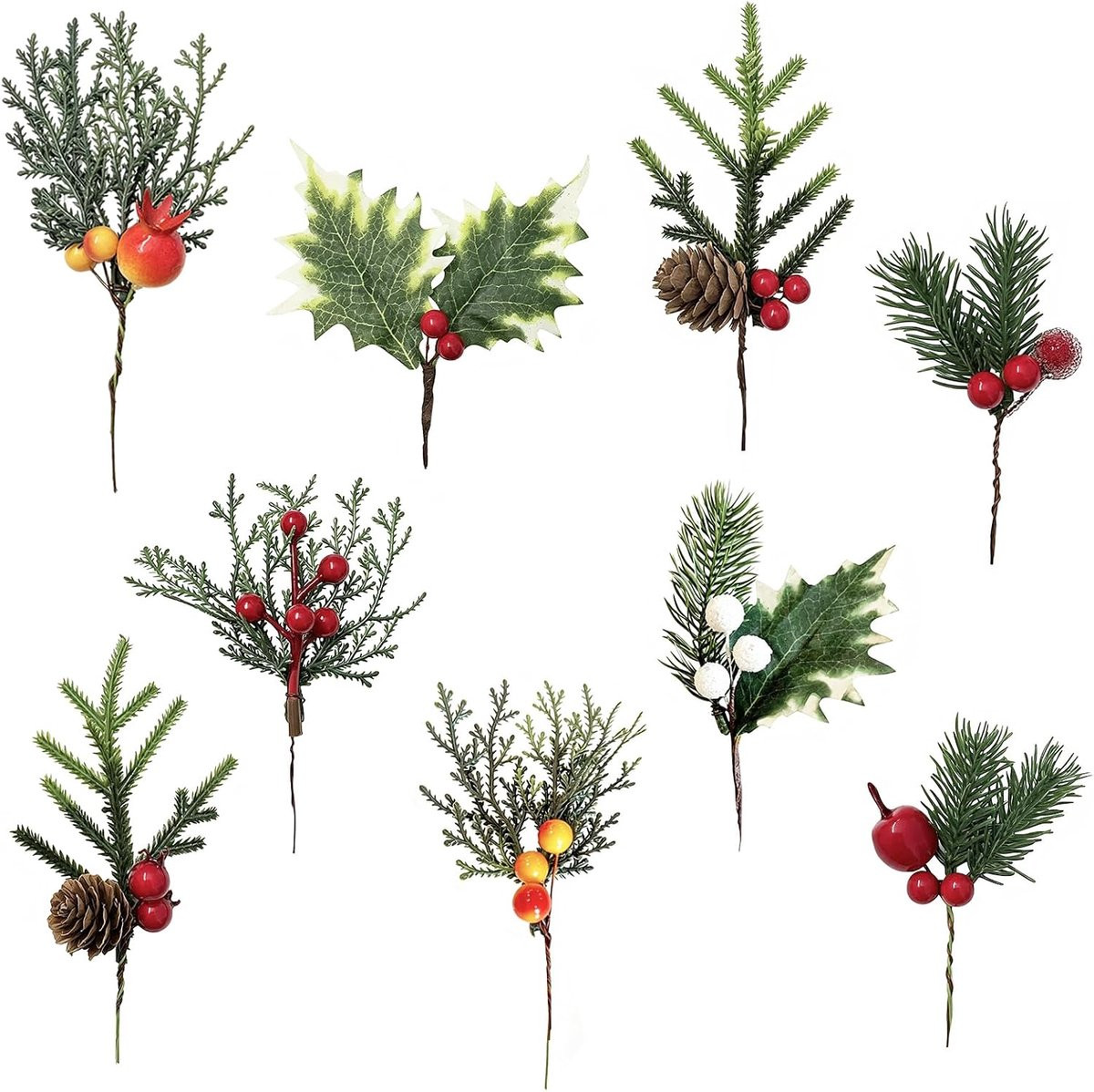 24 stuks Kunstmatige dennentakken met dennenappels en rode bessen voor kerstdecoratie en knutselwerk