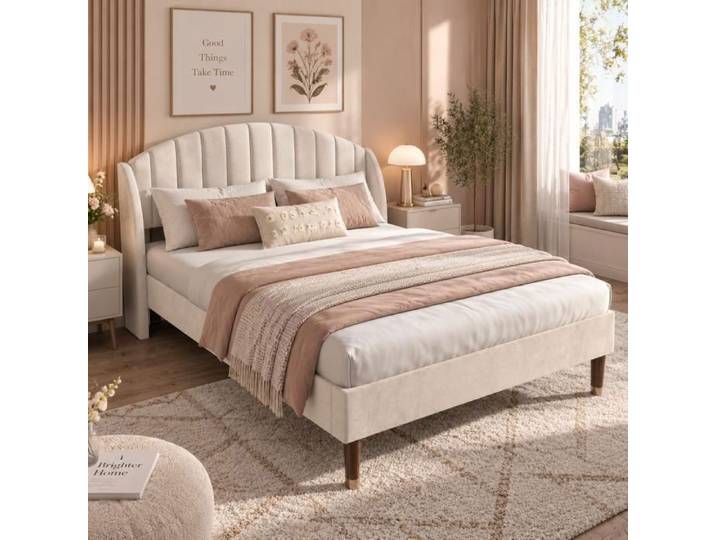 Lit double 140×190 cm tête de lit capitonné style moderne lit adulte renforcé cadre de lit 140×190 sommier à lattes Velours Beige