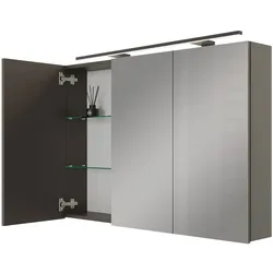 Planetmöbel ARIA Spiegelschrank 100 cm Anthrazit mit schwarzer LED-Leuchte und Steckdosenbox 230 V