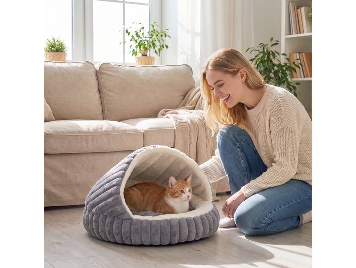 PawHut Lit Grotte Chat Gris 50x50x32cm Coussin Lavable Intérieur