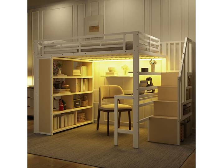 Lit - CIPACHO - Lit mezzanine 140x200 cm - Métal & MDF - Bureau intégré - LED & rangements