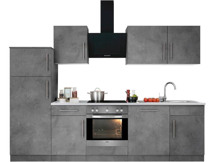 Küchenzeile, Holzwerkstoff, Grau & Betonfarben, 280×60 cm, Mit E-Geräten, Cali
