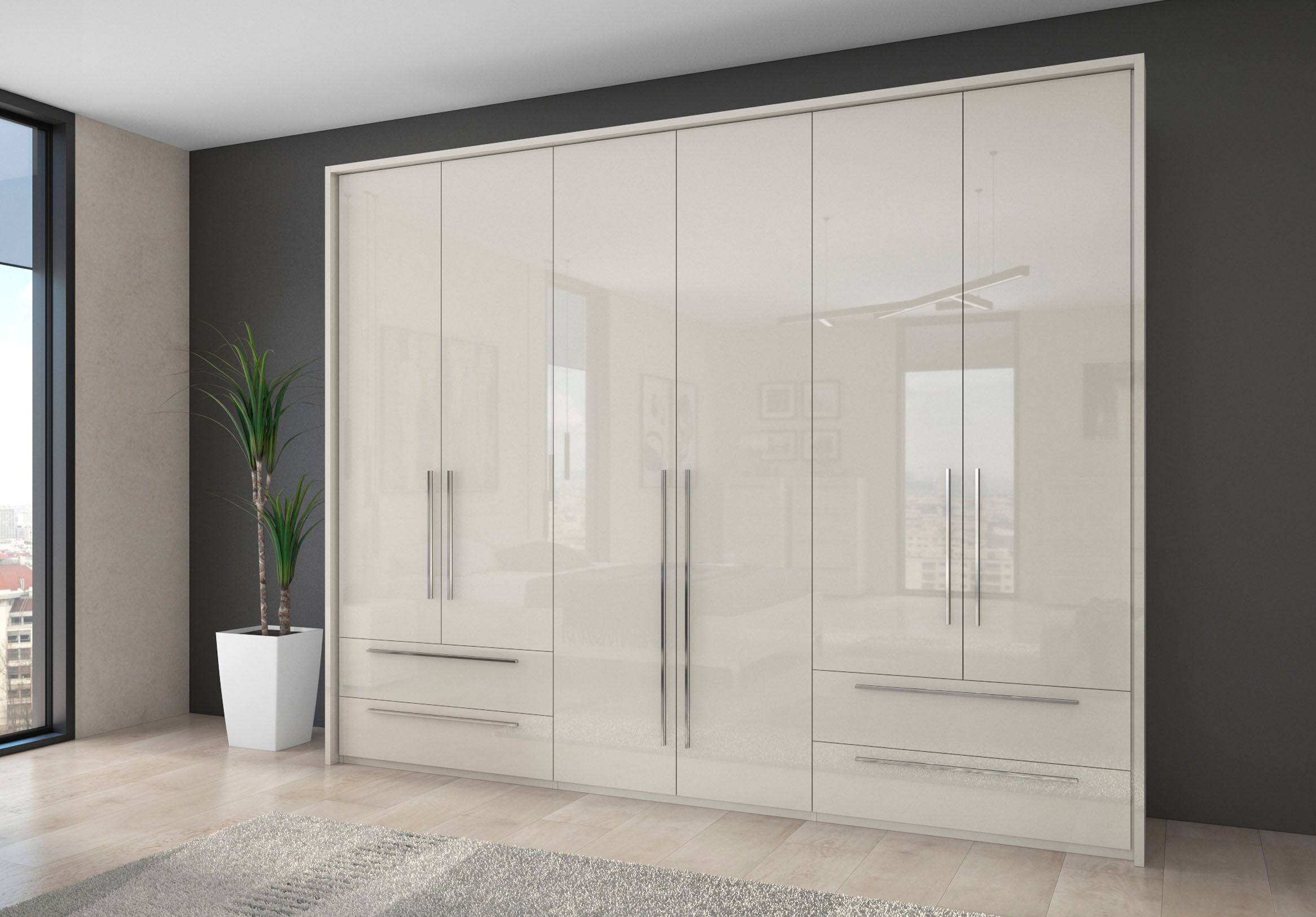 Drehtürenschrank GOODPRODUCT "Piano, inklusive Rahmen und Beleuchtung, soft-close-Funktion", beige (beige hochglanz), B:277cm H:226cm T:60cm, Holzwerkstoff, Schränke, Drehtürenschrank, UV lackiert, hochglänzend weiss oder beige, FSC-zertifiziert beige hoc