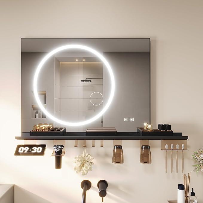 Badezimmerspiegel mit Beleuchtung, 80x60 cm, LED-Badezimmerspiegel mit Ablage, 100 cm, 3 einstellbare Lichtfarben + Antibeschlagfunktion + Touch-Schalter, Ablage mit Handyhalterung + Haken + Zahnbürstenhalter