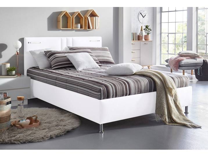 Polsterbett, Microfaser oder Strukturstoff, Weiß, 150×210 cm, Mit LED-Beleuchtung, Modern