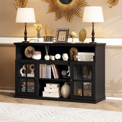 Stand Cabinet (Fireplace Insert NOT Included), MDF Entertainment Center with Black Metal Sliding Doors