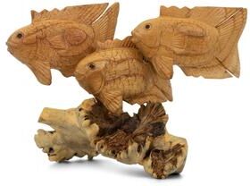G6 Collection Wooden Hand Carved 3 Fish Swimming Statue Figurine Sculpture Art Home Decor Accent Handmade Gift Handcrafted Seaside Tropical