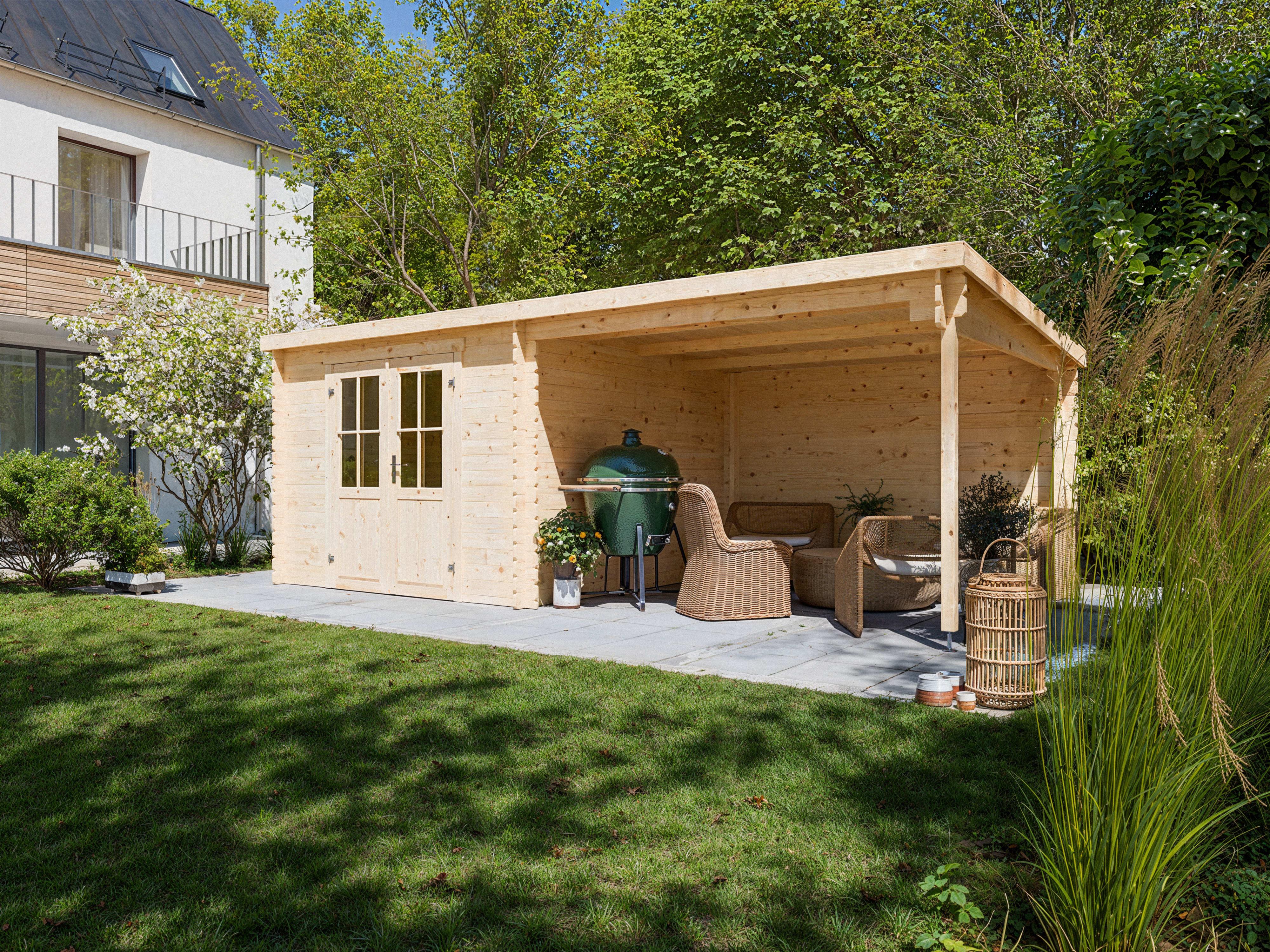 Lasita Gartenhaus Orlando Naturbelassen 280 x 280 cm Blockbohlenhaus mit Anbau, Pultdach, 28 mm Wandstärke, Fichtenholz, Doppeltür, Gartenhaus 16 1 m² Grundfläche