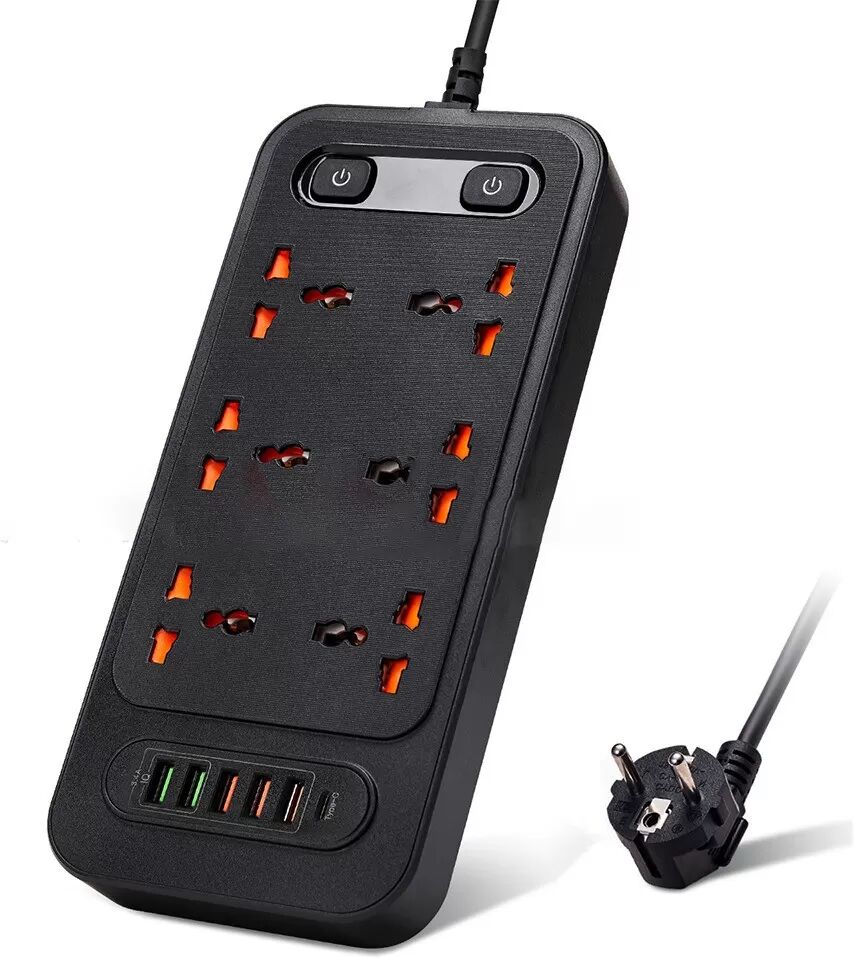 INF EU-Steckdosenleiste mit Typ-C & 5 USB-Anschlüssen – Intelligentes Laden & Unabhängige Schalter Schwarz