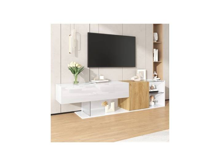 ®RisingFF Meuble TV aspect bois et étagères en verre 180 cm design minimaliste blanc