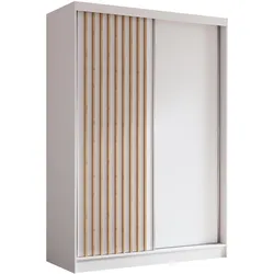 KLEIDERSCHRANK mit furnierten Schiebetüren und Aluminium-Leisten - LABELO - 150 cm Weiß+Weiß+Artisan