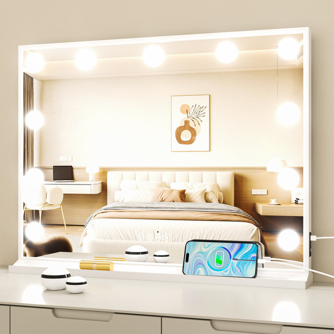 17 Stories Rectangle Freestanding Vanity Mirror White 63cm H X 81cm W X 12cm D