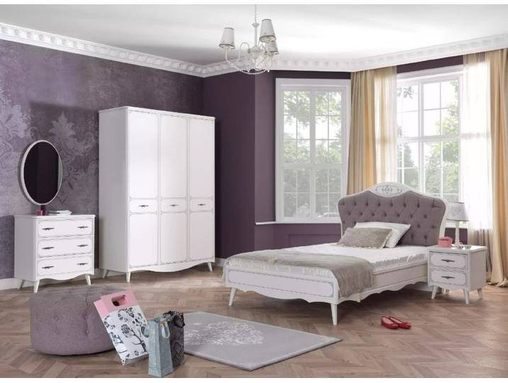 Xlmoebel Jugendzimmer-Set Chesterfield Jugendbett in Grau mit Nachttischen und Kommode, (5-tlg), Hergestellt in Europa