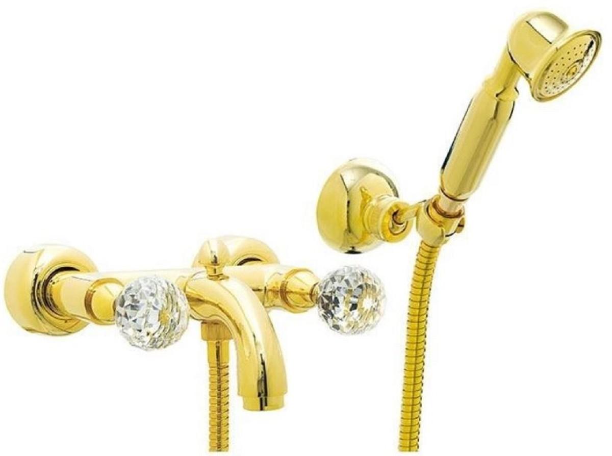 Casa Padrino Luxus Badewannen Armatur mit Handbrause und Schlauch Gold - Aufputz Wannenbatterie mit Swarovski Kristallglas - Luxus Bad Zubehör - Italy