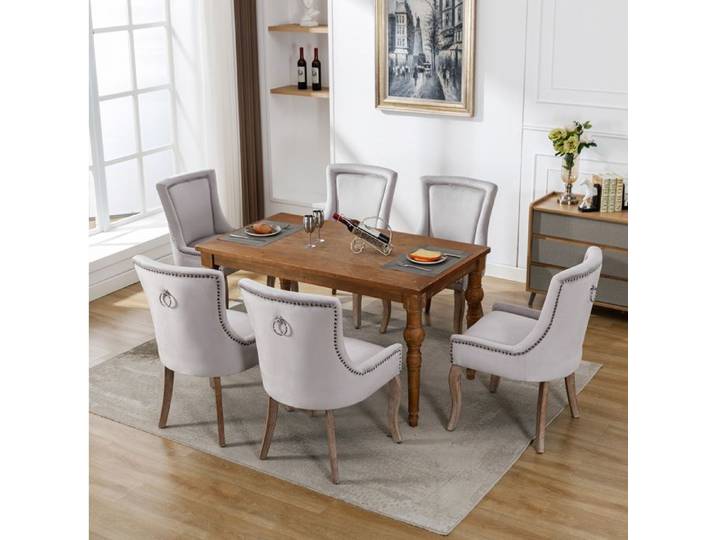 Lot de 6 chaises de salle à manger luxueuses en velours gris avec clous décoratifs et pieds en bois massif