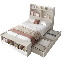 Einzelbett 90x200 cm Massivholz mit Stauraum Schubladen Regal und Sitzbank modern funktional Weiß Eichefarben