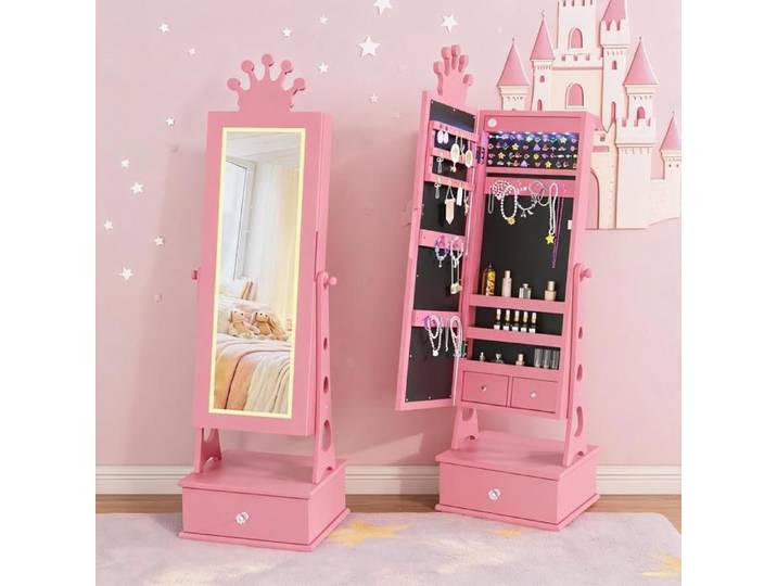 JoyGarden Armoire à bijoux enfant 35 pouces avec miroir LED 3 couleurs 3 tiroirs et rangement thème princesse - Pink
