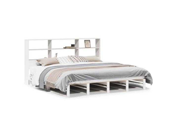 PUGYNBK Bett mit Regal, Massivholz, weiß, 180 x 200 cm Lattenrost inklusive, platzsparend, ohne Matratze, für Schlafzimmer