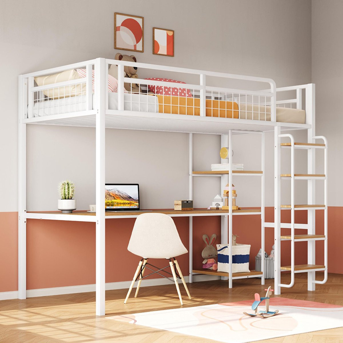 Komhtom Kinder Stapelbed met Veiligheidsladder, Trap, Tafel en Plank, Wit