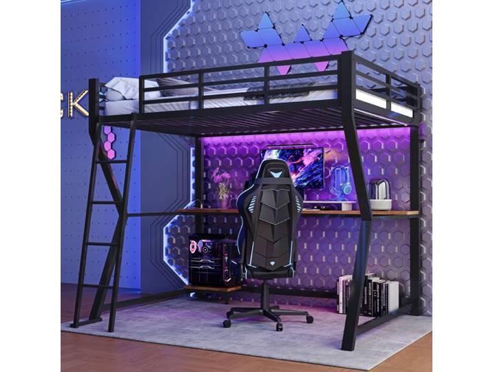 Lit Mezzanine Métal - MERAX - 90x200 - Bureau Gaming - LED Intégrée - Noir