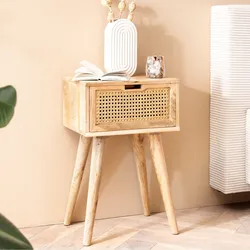 Nachtkonsole Massivholz Rattan & Schublade Nachttisch Boho Design Nachtkästchen