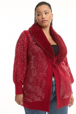 Plus Size Women's Sequin Button-Up Sweater by June & Vie in Bold Red (Size 18/20)